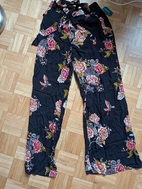 Angie Black Floral Wide-Leg Pants with Pink & Green Accents